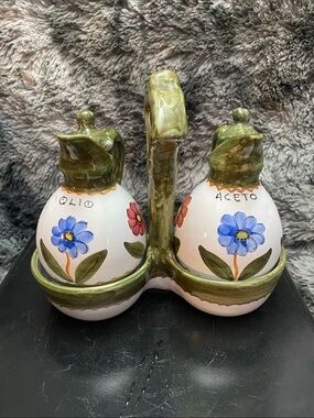 Italian Hand painted Oil and Vinegar set with Caddy